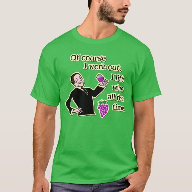 Funny Wine Drink Work Out Spaß Cartoon T-Shirt (Vorderseite)