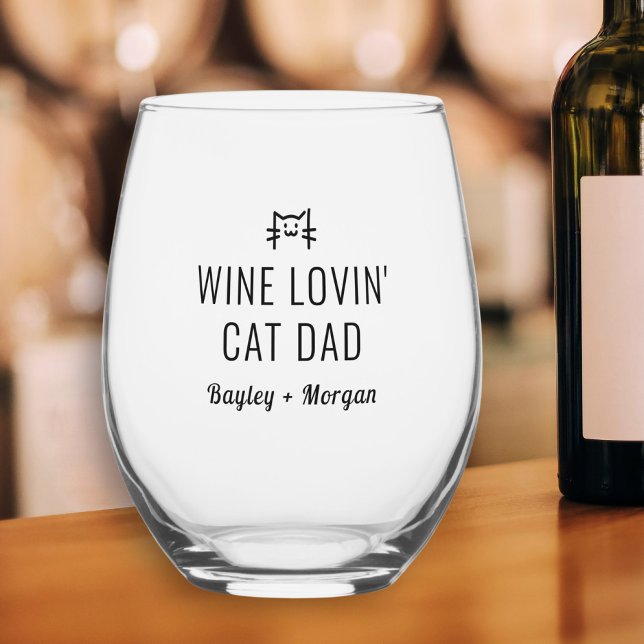 Funny Wine Loving Katze Vater Personalisierte Name Weinglas Ohne Stiel (Von Creator hochgeladen)