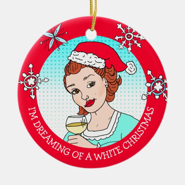 Funny Wine Spaß Retro Lady Weiße Weihnachten Keramik Ornament (Vorne)