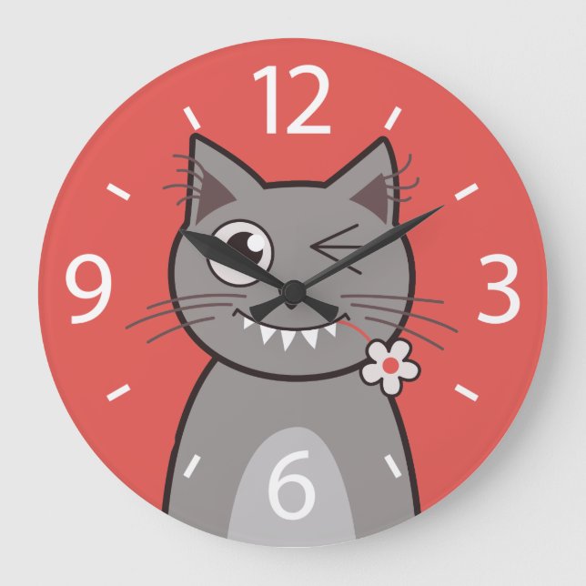Funny Winking Cartoon Kitty Cat Große Wanduhr (Vorderseite)