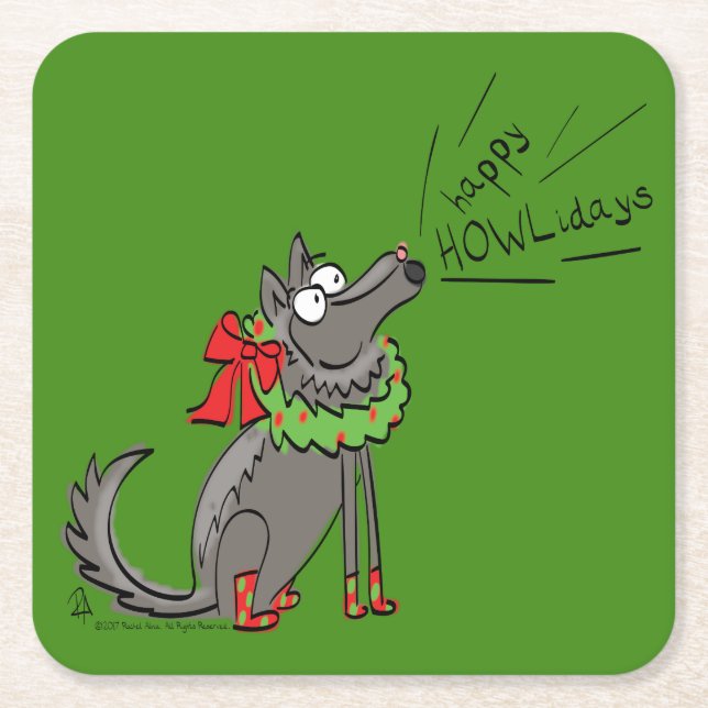 Funny Wolf Weihnachts-Happy Howlidays Holiday Rechteckiger Pappuntersetzer (Vorderseite)