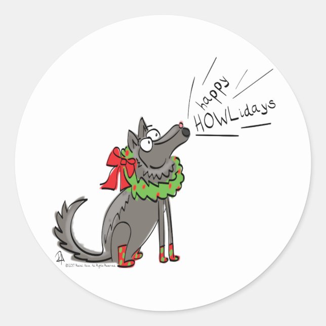 Funny Wolf Weihnachts-Happy Howlidays Holiday Runder Aufkleber (Vorderseite)