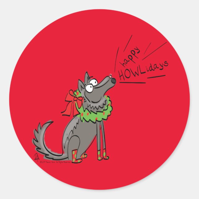 Funny Wolf Weihnachts-Happy Howlidays Holiday Runder Aufkleber (Vorderseite)