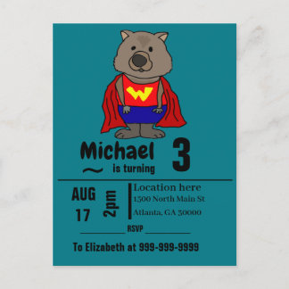 Funny Wombat Superhero Geburtstagsparty Einladungspostkarte