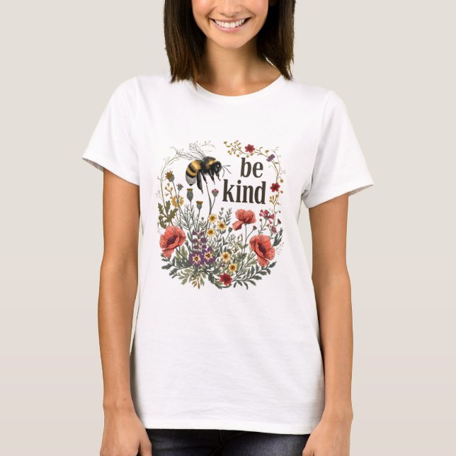 Funny Womens Gift Be Kind Retro Biene & Wildblumen T-Shirt (Vorderseite)