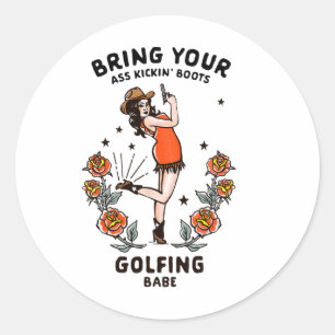Funny Women's Golf Shirt Cowgirl Golfing Babe Gesc Runder Aufkleber