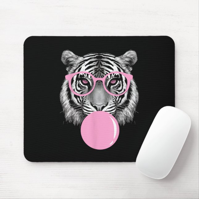 Funny Women's Tiger Brille & Pink Bubble Gum Anim Mousepad (Mit Mouse)