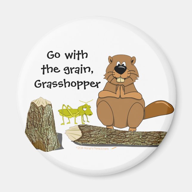 Funny Wood Turning Beaver und Grasshopper Cartoon Magnet (Vorne)