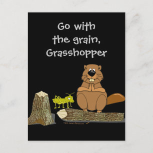 Funny Wood Turning Beaver und Grasshopper Cartoon Postkarte