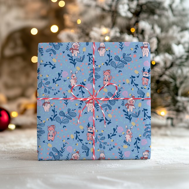 Funny Woodland Friends  Blue Winter Forest Pattern Geschenkpapier (Von Creator hochgeladen)