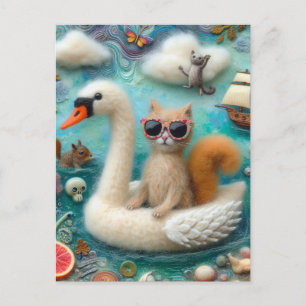 Funny Woolie Swan Float mit Katze Postkarte