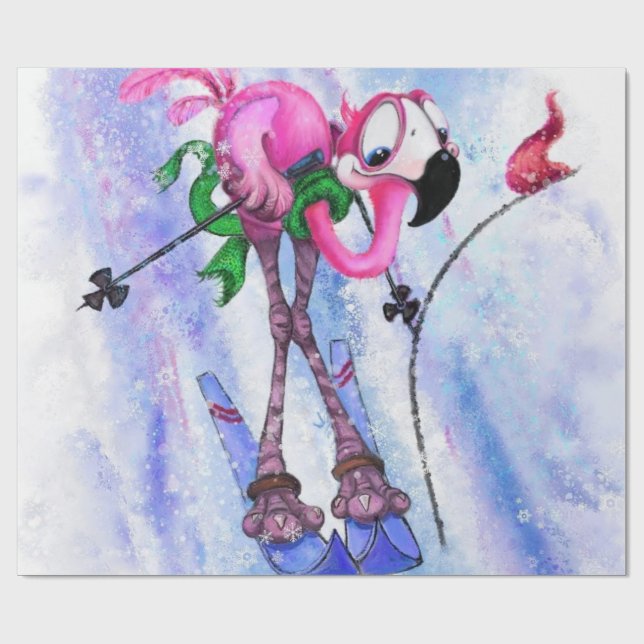 Funny Wrapping Paper mit Pink Flamingo Skier Geschenkpapier (Flach)