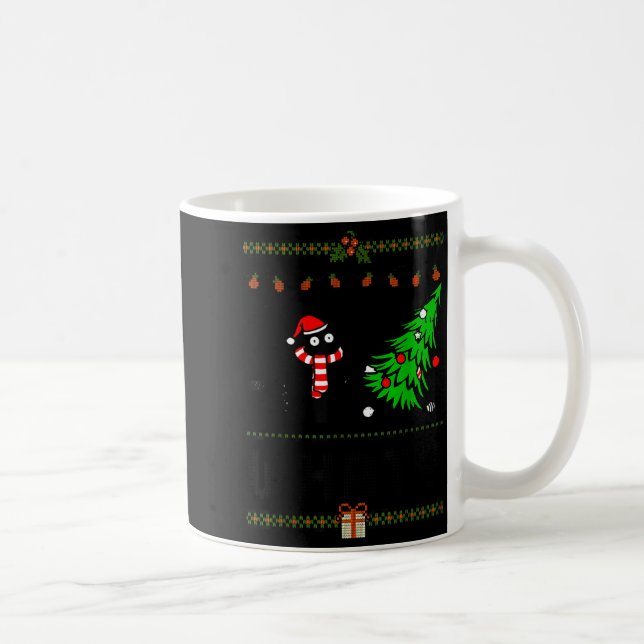 Funny Xmas Black Cat Pushing Christmas Tree Over C Kaffeetasse (Rechts)