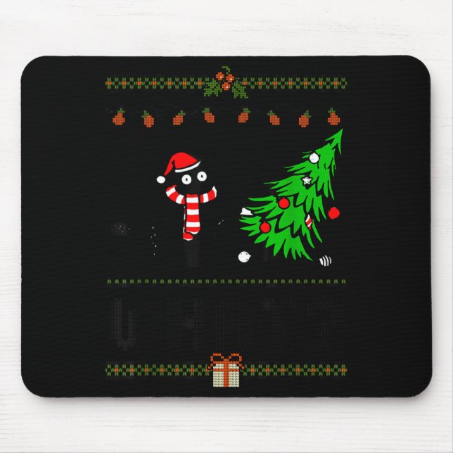 Funny Xmas Black Cat Pushing Christmas Tree Over C Mousepad (Vorne)