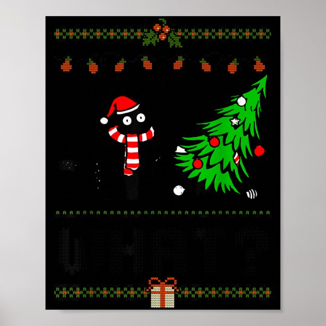 Funny Xmas Black Cat Pushing Christmas Tree Over C Poster (Vorne)
