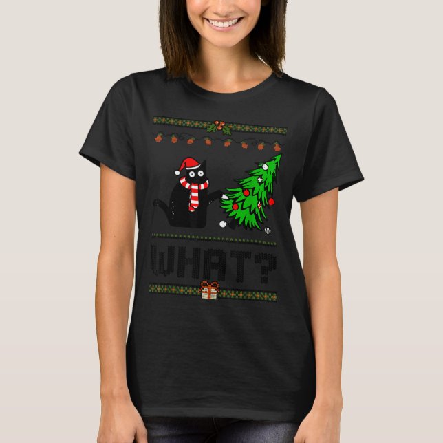 Funny Xmas Black Cat Pushing Christmas Tree Over C T-Shirt (Vorderseite)
