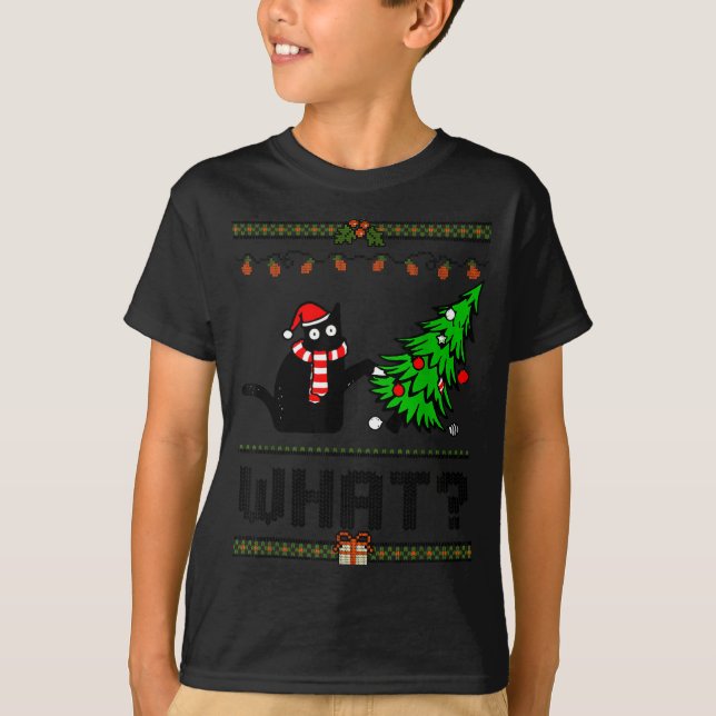 Funny Xmas Black Cat Pushing Christmas Tree Over C T-Shirt (Vorderseite)