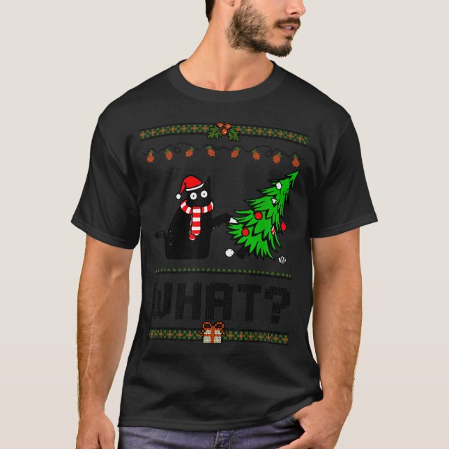Funny Xmas Black Cat Pushing Christmas Tree Over C T-Shirt (Vorderseite)