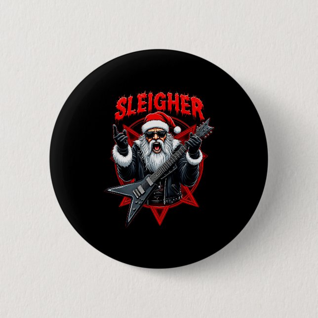 Funny Xmas Christmas Guitar Santa Sleigher Heavy M Button (Vorderseite)