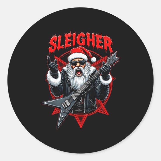 Funny Xmas Christmas Guitar Santa Sleigher Heavy M Runder Aufkleber (Vorderseite)