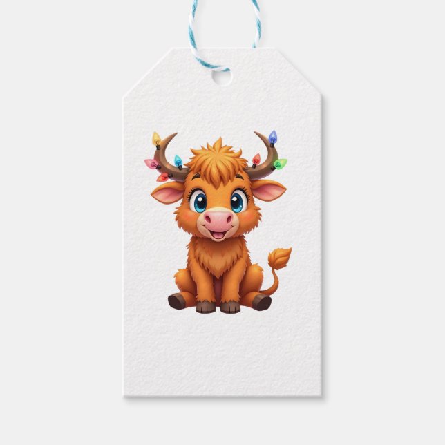 Funny Xmas Cow Lights Boys Girls Cute Highland Cow Geschenkanhänger (Vorderseite)