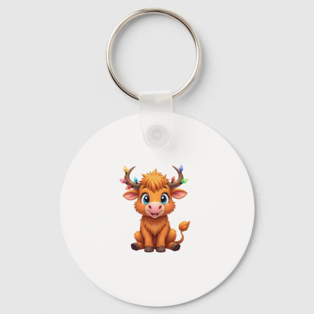 Funny Xmas Cow Lights Boys Girls Cute Highland Cow Schlüsselanhänger (Vorderseite)