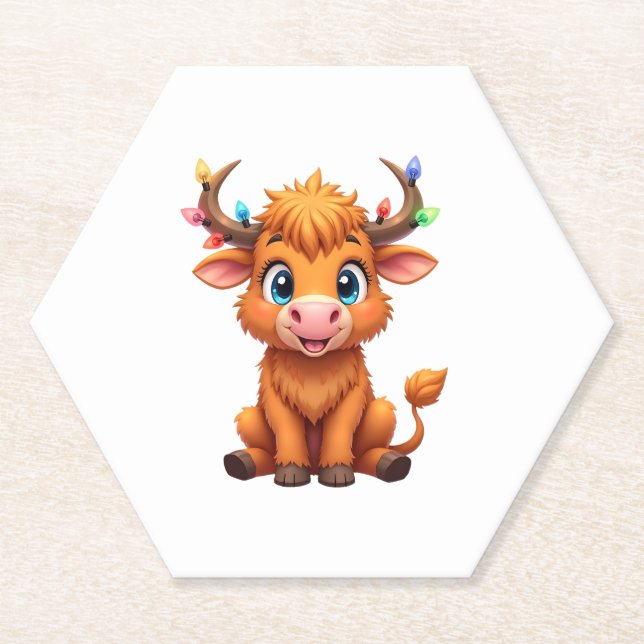 Funny Xmas Cow Lights Boys Girls Cute Highland Cow Untersetzer (Vorderseite)