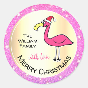 Funny Xmas Flamingo Pink Glitzer Personalizable Runder Aufkleber