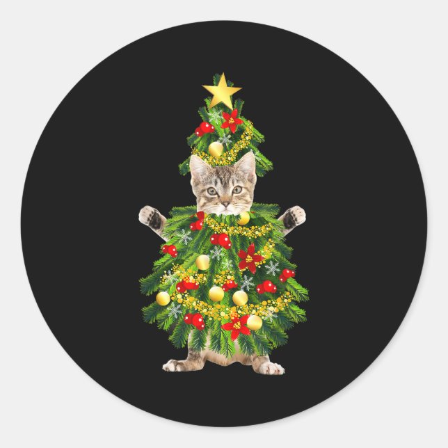 Funny Xmas Holiday Cat Christmas Tree For Cat Kitt Runder Aufkleber (Vorderseite)