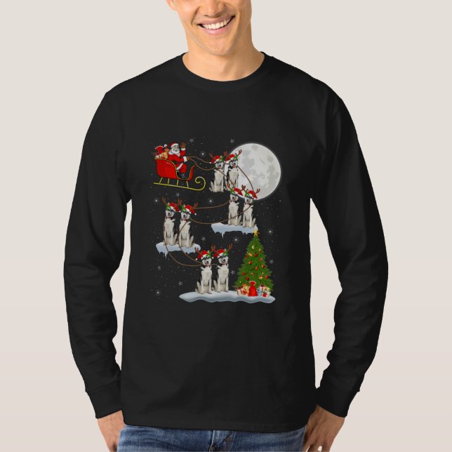 Funny Xmas Leuchtturm Baum Santa Riding Husky Hund T-Shirt (Vorderseite)