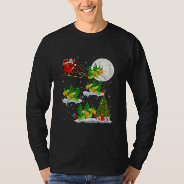 Funny Xmas Leuchtturm Tree Santa Riding Parrot T-Shirt (Vorderseite)