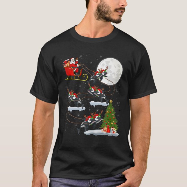 Funny Xmas Licht Baum Santa Riding Killer Whale T-Shirt (Vorderseite)