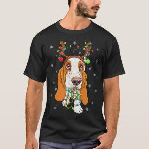 Funny Xmas Lighting Reindeer Hat Basset Hound Chri T-Shirt
