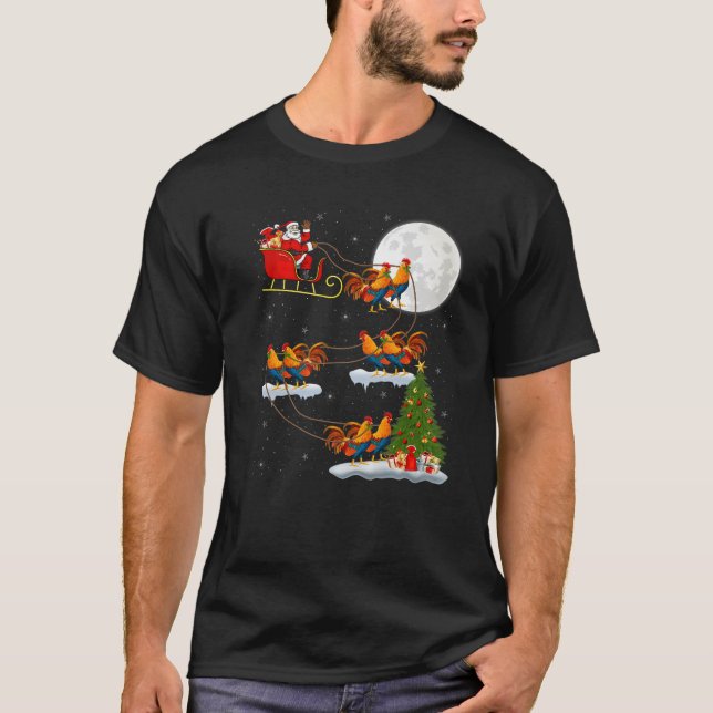 Funny Xmas Lighting Tree Santa Riding Rooster Bird T-Shirt (Vorderseite)