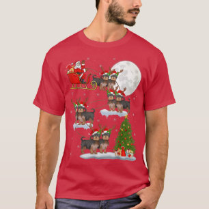 Funny Xmas Lighting Tree Santa Riding Yorkie Chris T-Shirt