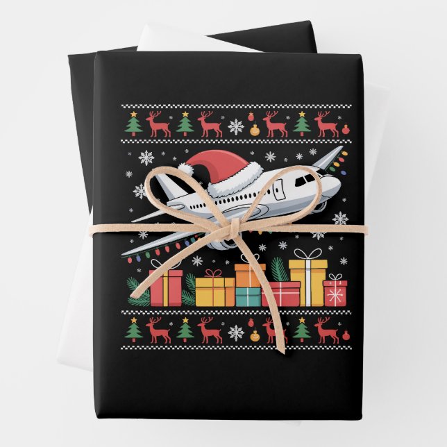 Funny Xmas Lighting Tree Santa Ugly Airplane  Geschenkpapier Set (Beispiel)