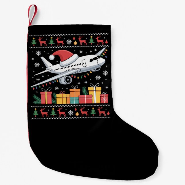Funny Xmas Lighting Tree Santa Ugly Airplane  Kleiner Weihnachtsstrumpf (Vorderseite)