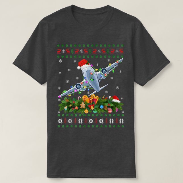 Funny Xmas Lighting Tree Santa Ugly Flugzeug Chris T-Shirt (Design vorne)