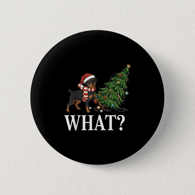Funny Xmas Rottweiler putzt Weihnachtsbaum über Button (Vorderseite)