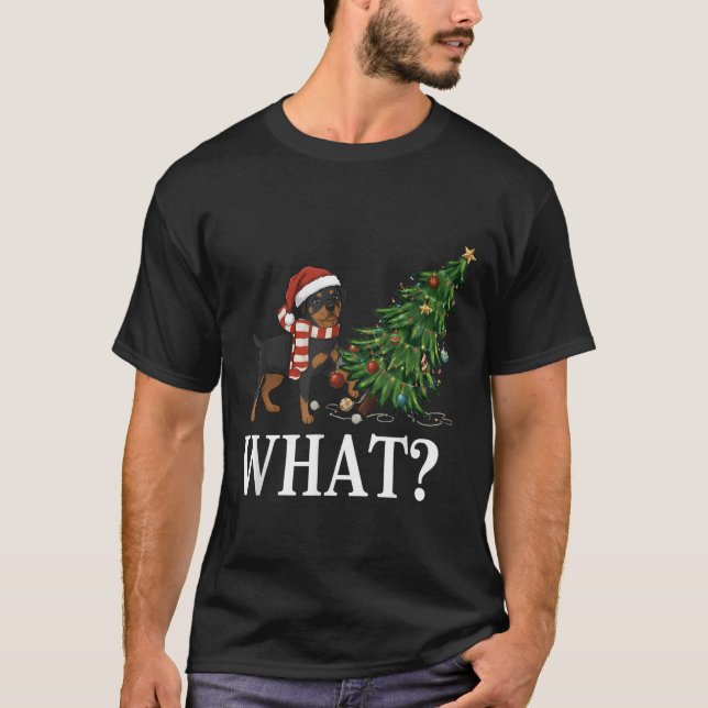 Funny Xmas Rottweiler putzt Weihnachtsbaum über T-Shirt (Vorderseite)