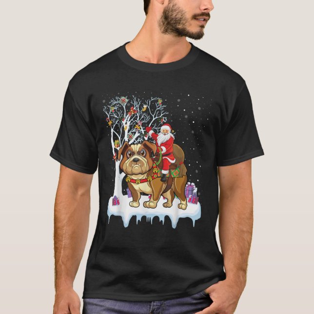 Funny Xmas Tree Santa Riding English Bulldog Chris T-Shirt (Vorderseite)