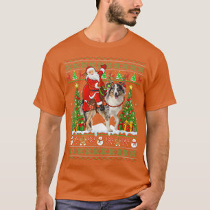 Funny Xmas Ugly Santa Riding Australian Shepherd C T-Shirt