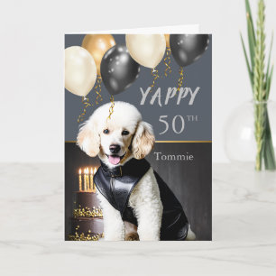 Funny Yappy 50. Geburtstag White Poodle in Leather Feiertagskarte