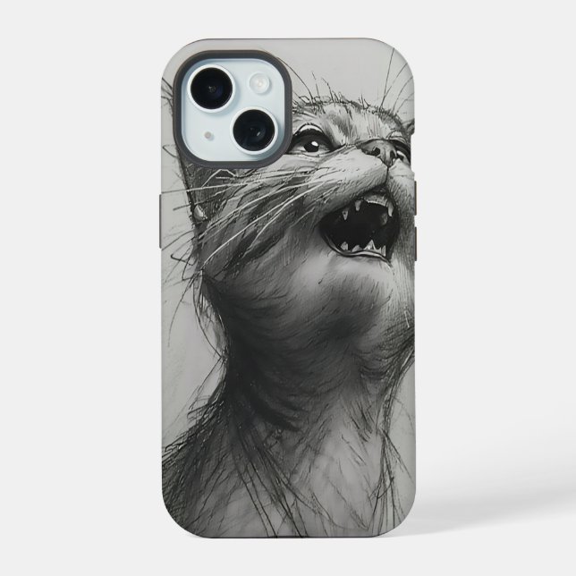 Funny Yelling Cat Meme Black and White iPhone Case 15 Hülle (Rückseite)
