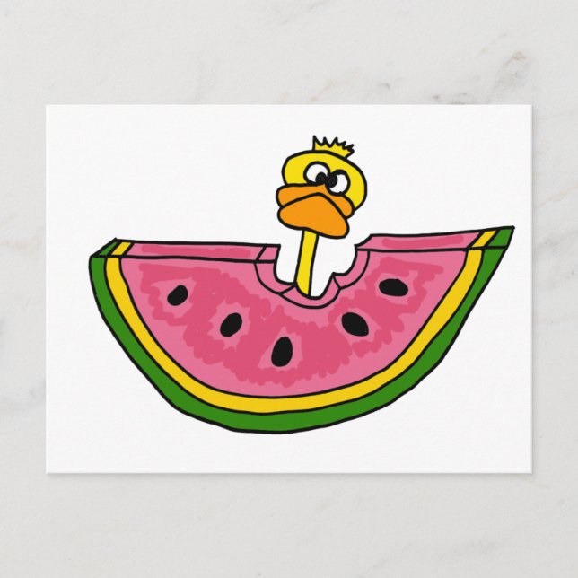 Funny Yellow Duck Eating Watermelon Postkarte (Vorderseite)
