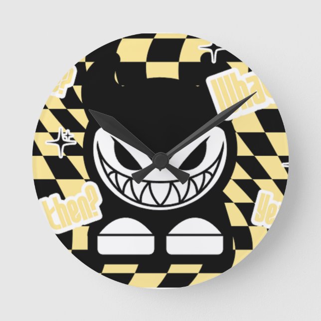 Funny Yellow Labubou-Inspired  Runde Wanduhr (Vorderseite)