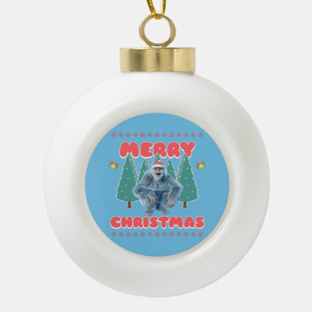 Funny Yeti - Frohe Weihnachten Keramik Kugel-Ornament (Vorderseite)