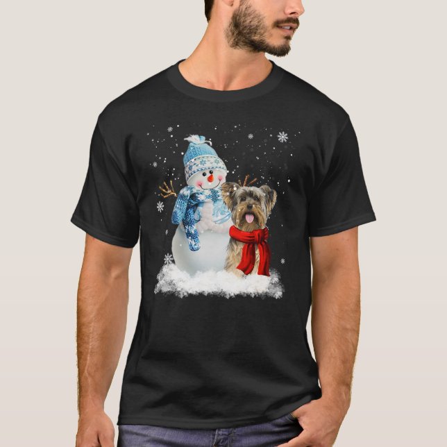 Funny Yorkie Dog Christmas Snowman Christmas Pajam T-Shirt (Vorderseite)