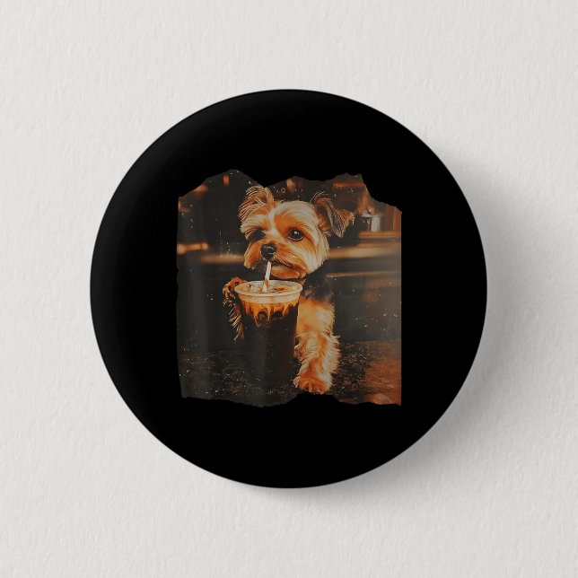 Funny Yorkie Drinking Iced Coffee Cute Dog Meme Button (Vorderseite)