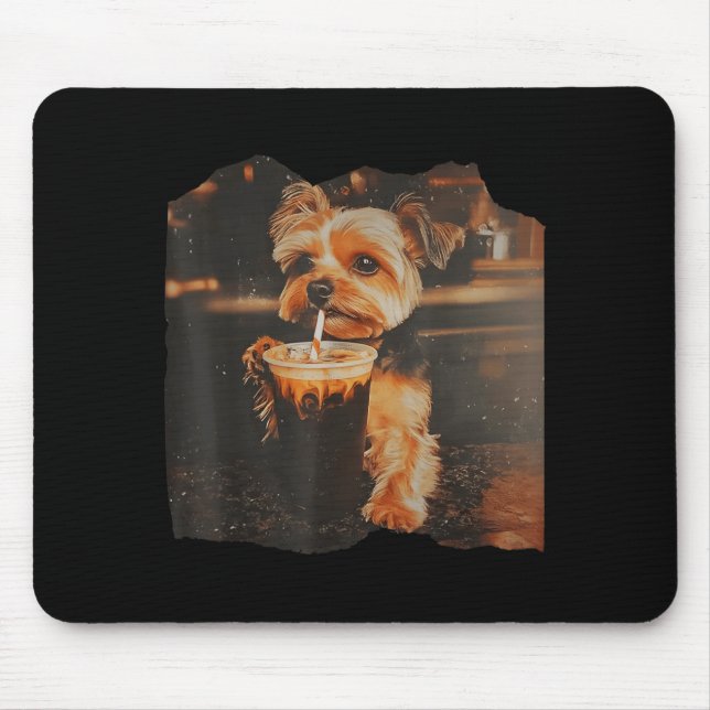Funny Yorkie Drinking Iced Coffee Cute Dog Meme Mousepad (Vorne)